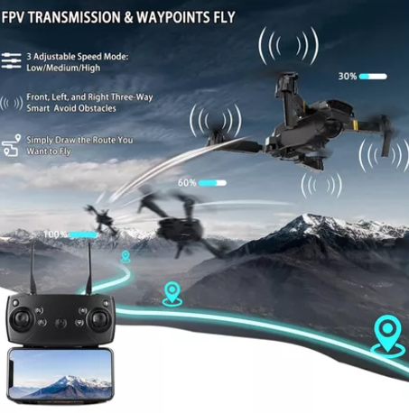 Dron doble cámara 4K con transmisión FPV y control de trayectoria, volando sobre un paisaje montañoso.